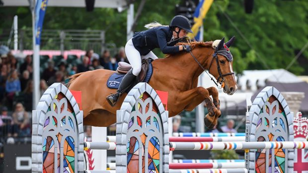 Sally Goding riding Spring Wilow during Land Rover National 1.40m Open Jumping Competition at the Royal Windsor Horse Show