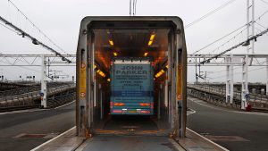 A horsebox carrying competition horses is loaded into one of the Eurotunnel passenger shuttles before crossing the Channel.