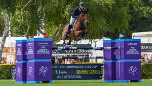 Harry Charles and Casquo Blue competing in the 2022 Hickstead Nations Cup