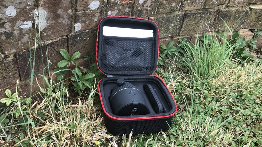 The Pivo inside the storage box with the remote control and quick start guide