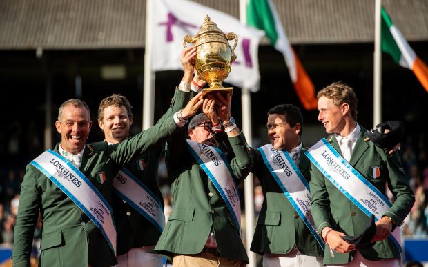 Team Ireland celebrates victory in the Longines FEI Jumping Nations Cup of Ireland at Dublin Horse Show.