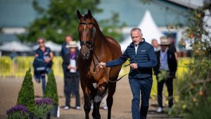 Britain’s Richard Davison and Bubblingh during the World Dressage Championships trot-up in Herning, Denmark