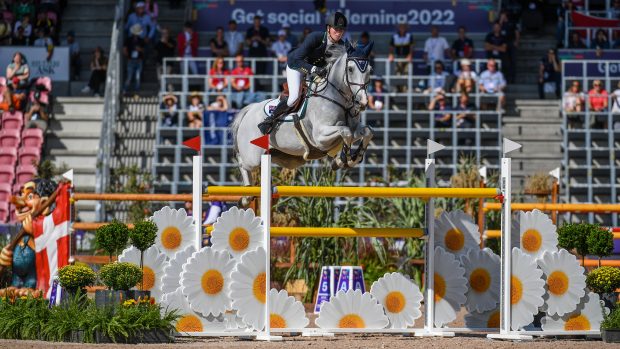 Hilary Scott riding Oaks Milky Way at the World Showjumping Championships