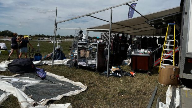 The Tiggers trade stand after the mini tornado passed through at Little Downham Horse Trials