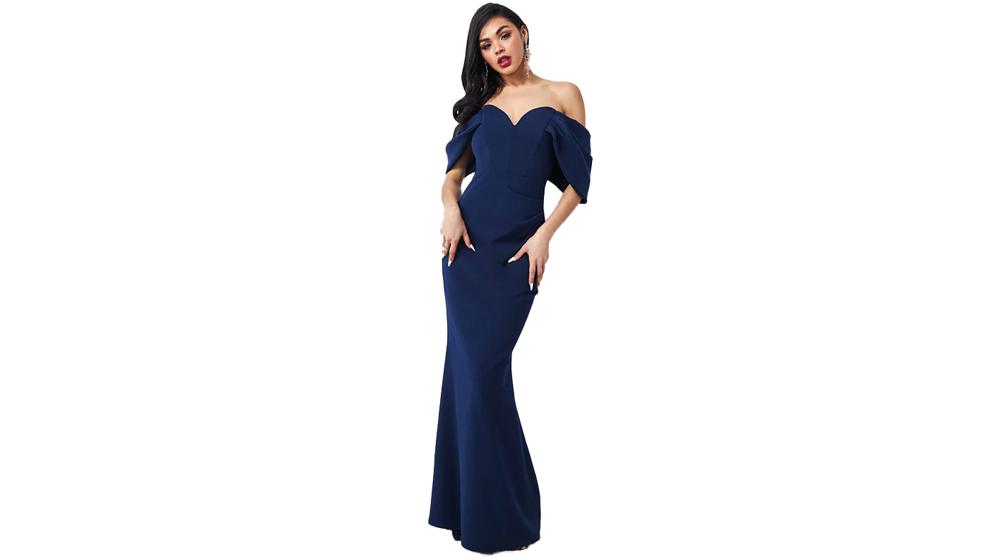 Goddiva Navy Off The Shoulder Draped Sleeve Maxi Dress