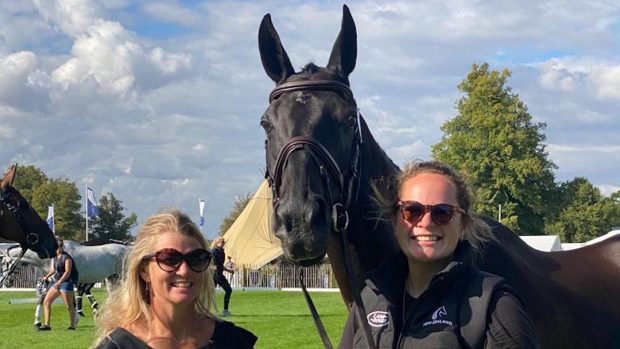 Jonelle Price's groom Kerryn Edmans and Classic Moet at the Burghley trot-up