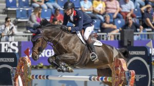 Joe Stockdale and Equine America Cacharel jumping clear for Great Britain in the Nations Cup Final in Barcelona, Spain