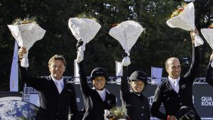 The New Zealand team on the Nations Cup podium in Boekelo. From left, Dan Jocelyn, Amanda Pottinger, Jonelle Price and Tim Price.