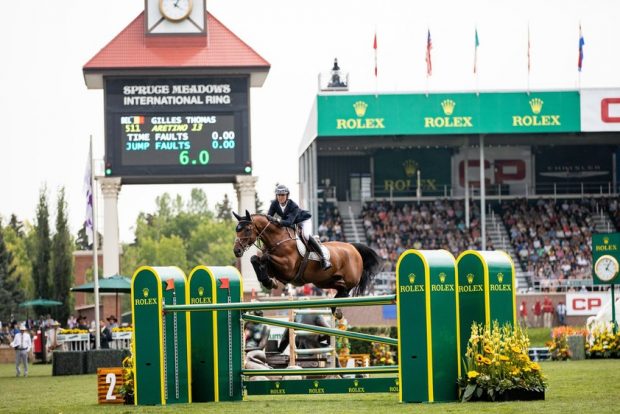 Gilles Thomas: in action during the CP International presented by Rolex at Spruce Meadows riding Aretino 13
