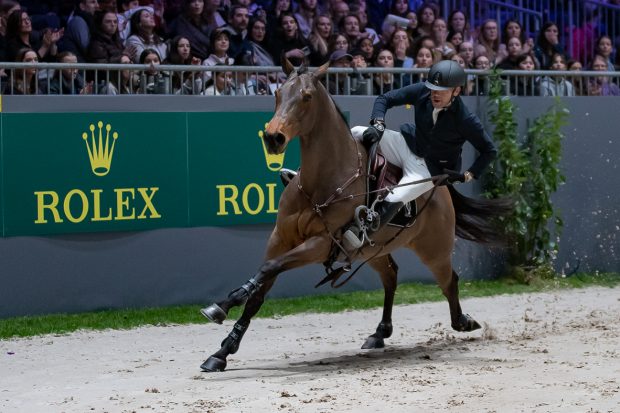 Conor Swail and Vital Chance De La Roque suffer a tack malfunction in the CSI5* speed class at CHI Geneva in 2022