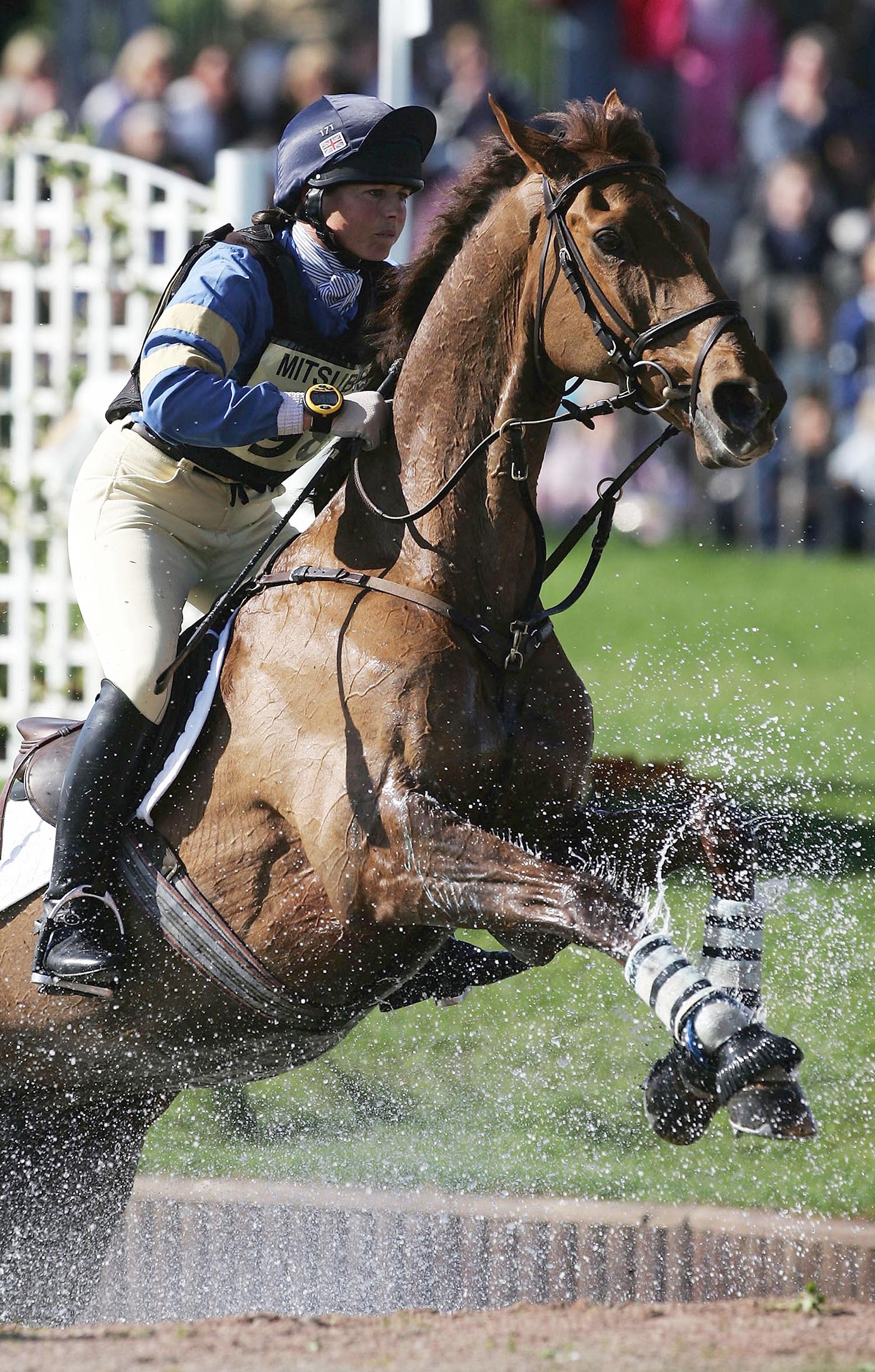 BADMINTON, ENGLAND - MAY 7: Jeanette Brakewell of Great Britain on Over To You clears the water jump in the Cross Country Test during the Mitsubishi Motors Badminton Horse Trials at Badminton on May 7, 2005 in Badminton, England. (Photo by Christopher Lee/Getty Images)