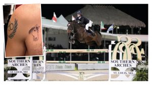 Olympic showjumper Teddy Vlock has a horse tattoo etched on his chest, featuring his 14-year-old stallion Volnay Du Boisville, now ridden by Irish rider Darragh Kenny