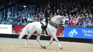 Castle Kestrel ridden by Lucy Glover after winning the supreme ridden M&M at London International Horse Show 2022