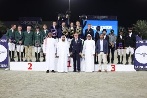 Great Britain's showjumping team win the Nations Cup of Sharjah, UAE, featuring William Funnell, Tim Gredley, Joe Whitaker and Donald Whitaker