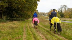 Two horse riders hacking horses on bridleway wearing hi-viz