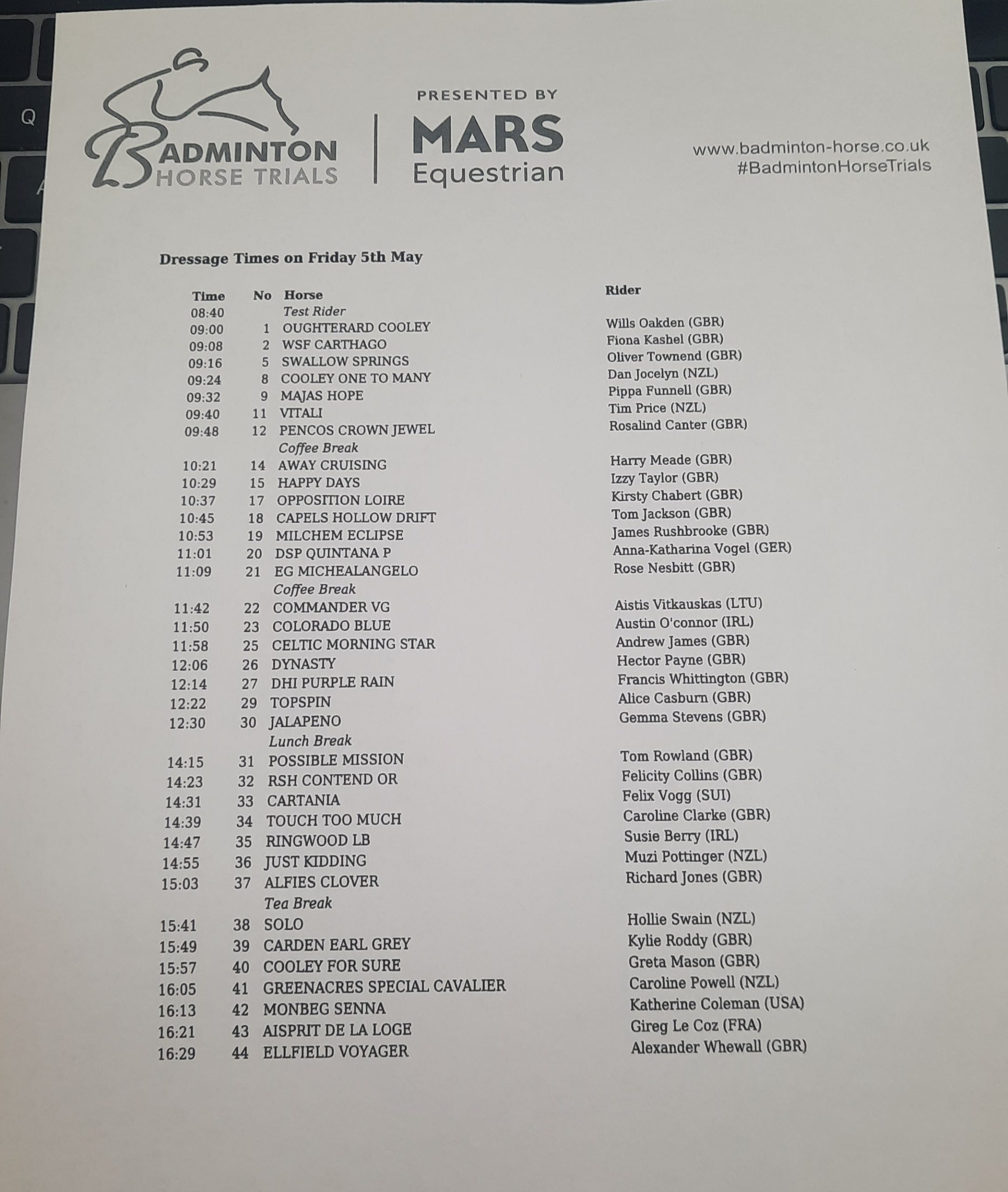 Badminton Horse Trials dressage times