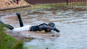 Tom Crisp pretending to swim in Badminton Lake