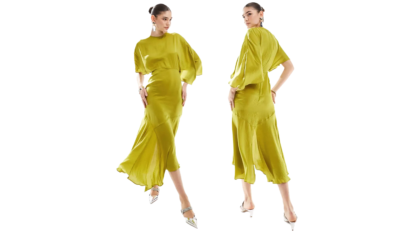 ASOS Design Satin Flutter Sleeve Asymmetric Midi dress suitable for Royal Ascot