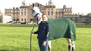 Kitty King's groom Chloe Fry with Vendredi Biats in front of Badminton House