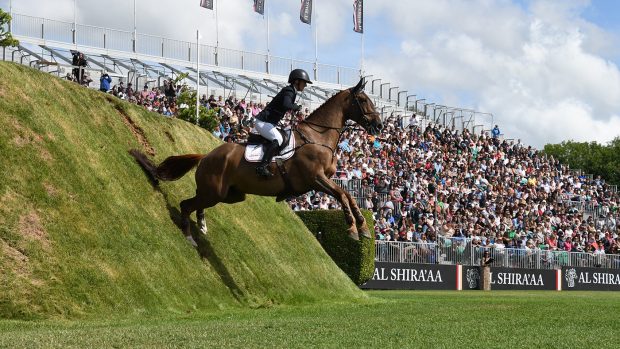 Harriet Biddick and A Touch Imperious coming down the Hickstead Derby bank in 2022