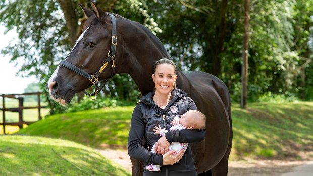 Charlotte Dujardin at home with her double Olympic champion Valegro and baby Isabella