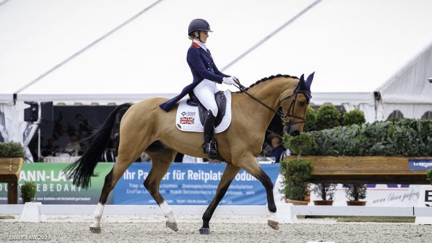 GBR-Yasmin Ingham rides Rehy DJ during the 2nd Day of Dressage for the CCI5*-L. Interim-4th. 2023 GER-Longines Luhmuehlen Horse Trials. Luhmuehlen, Germany. Friday 16 June 2023. Copyright Photo: Libby Law Photography