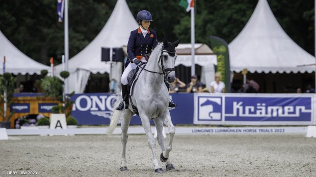 GBR-Kitty King rides Vendredi Biats during the 1st Day of Dressage for the CCI5*-L. Interim-2nd. 2023 GER-Longines Luhmuehlen Horse Trials. Luhmuehlen, Germany. Thursday 15 June 2023. Copyright Photo: Libby Law Photography