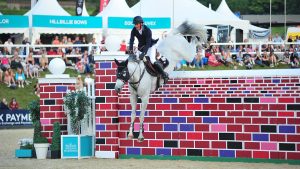 Guy Williams and Mr Blue Sky win the puissance at Bolesworth 2023