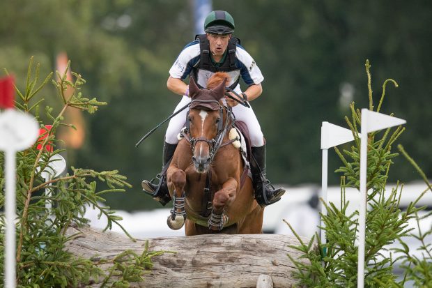 Fred Scala and Corriebeg Supernova jump a fence during the eventers challenge at the Royal International, Hickstead