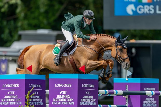 Mark McAuley and GRS Lady Amaro jumping for Ireland in the Hickstead Nations Cup at the Royal International Horse Show