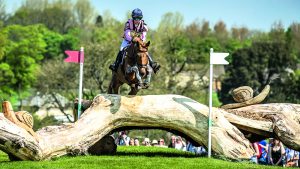 Halltown Harley, pictured on the cross-country at Badminton Horse Trials, is stepping back from international competition.