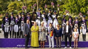 Germany, Austria, Denmark and Britain on the junior European Dressage Championships podium in Kronberg, Germany