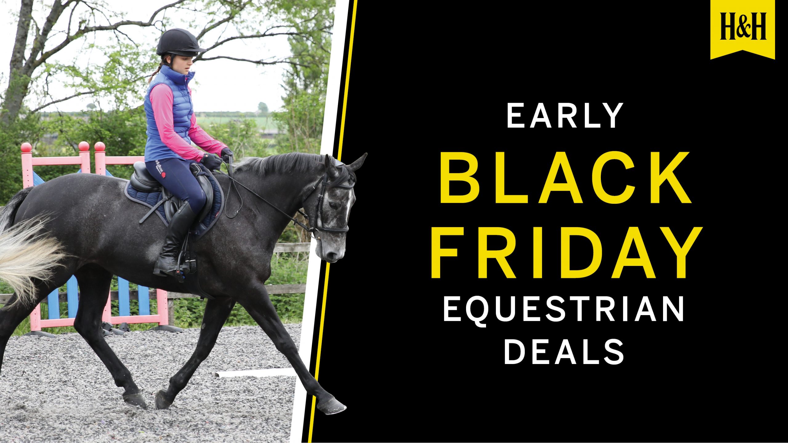 Early Black Friday Equestrian Deals graphic with horse and rider