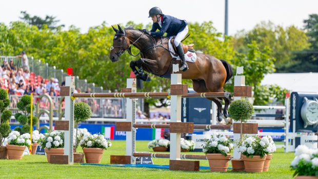 Tim Gredley and Medoc De Toxandria competing at the European Showjumping Championships in Milan, Italy