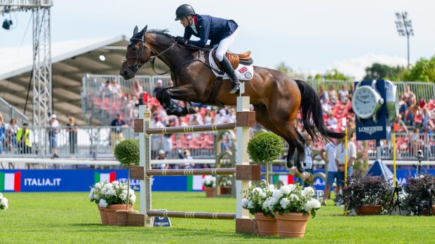 Tim Gredley and Medoc De Toxandria in action for Great Britain at the European Championships in Milan, Italy