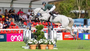 Shane Sweetnam and James Kann Cruz, who jumped a clear for Ireland on day two of the European Showjumping Championships in Milan, Italy