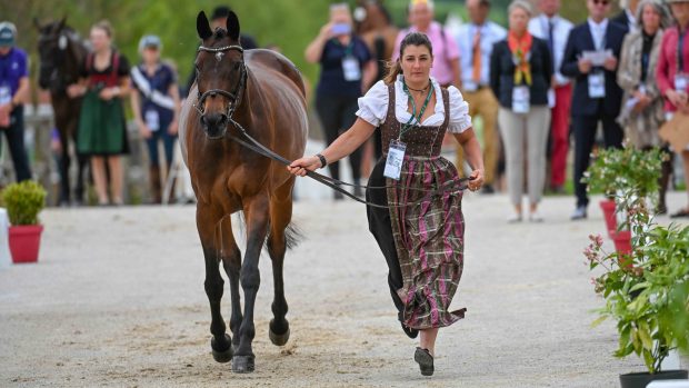 Katrin KHODDAM - HAZRATI riding OKLAHOMA 2 for AUT during the 1st Horse Inspection at the FEI Eventing European Championship in Haras du Pin in Normandy in France between the 9th-13th August 2023