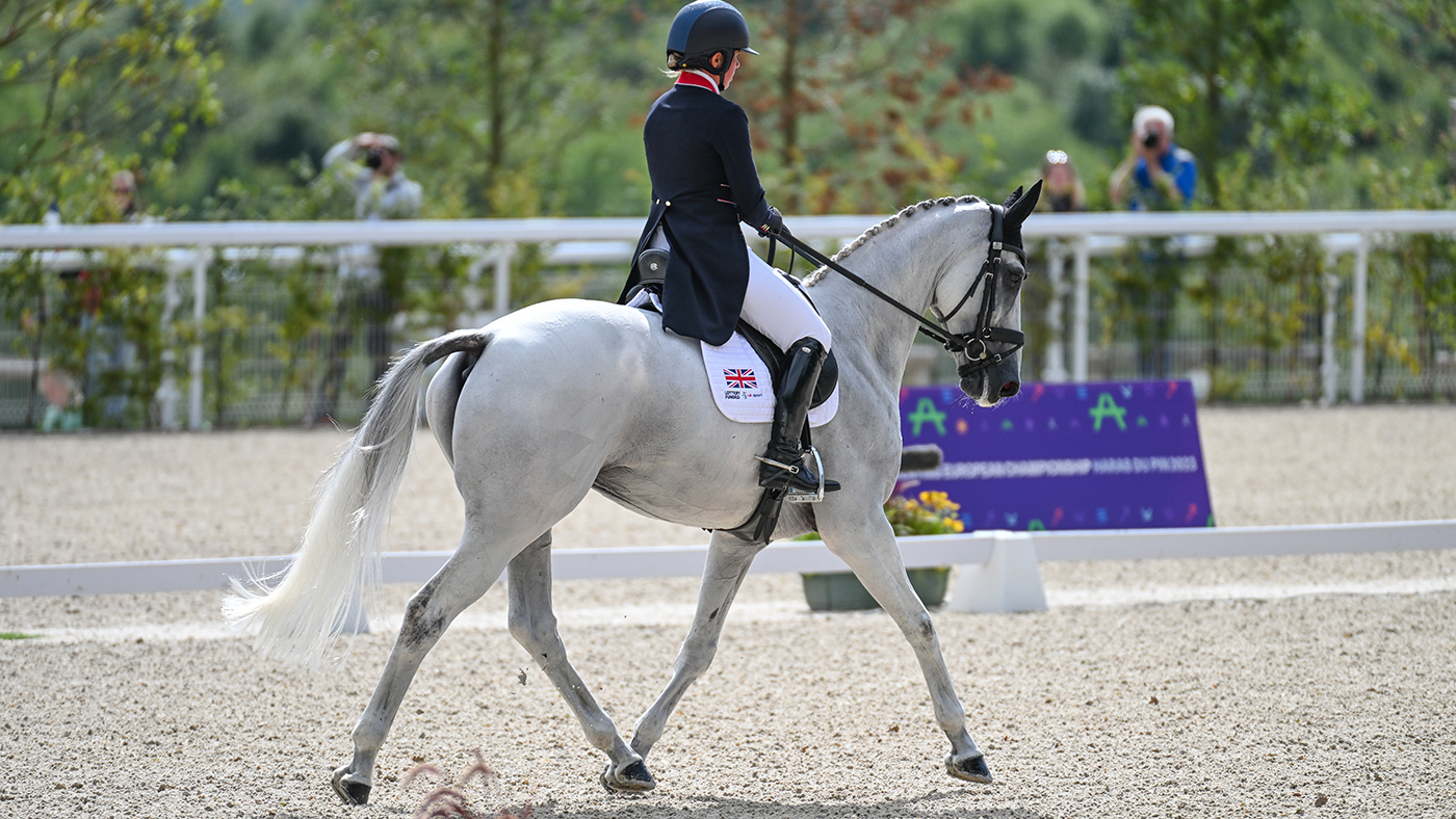 Kitty KING riding VENDREDI BIATS for GBR during the dressage phase at FEI Eventing European Championship in Haras du Pin in Normandy in France between the 9th-13th August 2023