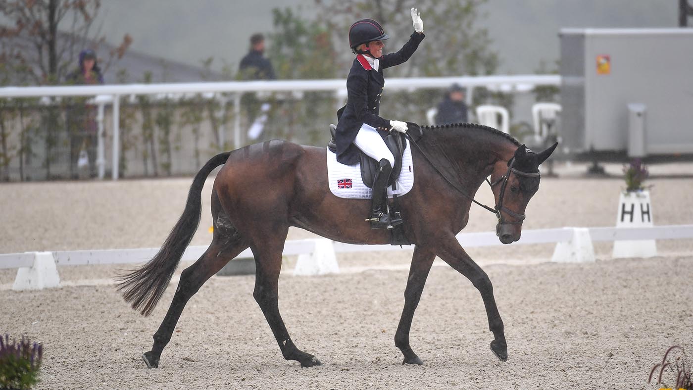 Rosalind CANTER riding LORDSHIPS GRAFFALO for GBR during the dressage phase at FEI Eventing European Championship in Haras du Pin in Normandy in France between the 9th-13th August 2023