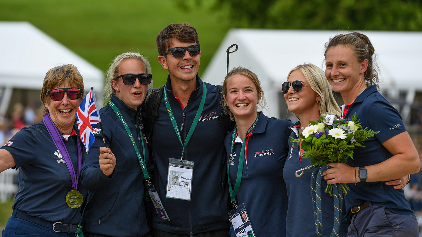 Sarah Charnley, Chloe Whitelam, Adam Short, Tilly Hughes, Alison Bell and Chloe Fry the grooms to the British Equestrian Eventing squad at FEI Eventing European Championship in Haras du Pin in Normandy in France between the 9th-13th August 2023