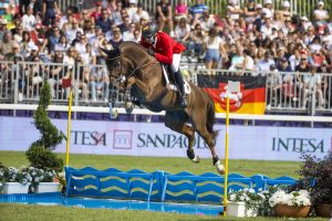 Philipp Weishaupt and Zineday, who have moved into a podium position ahead of the final round of the European Showjumping Championships in Milan, Italy