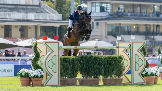 Tim Gredley and Medoc De Toxandria in action for Great Britain at the European Showjumping Championships in Milan, Italy