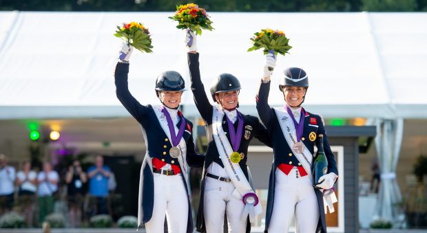 Lottie Fry, Jessica von Bredow-Werndl and Charlotte Dujardin on the European Dressage Championships freestyle podium