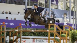 Harry Charles and Aralyn Blue in action for Great Britain, winning the first round of the Longines FEI Nations Cup Final in Barcelona, Spain