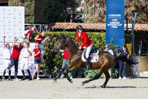 Germany celebrates victory after anchor rider Richard Vogel's clear round on United Touch S, who is owned by Julius-Peter Sinnack and groomed by Felicia Wallin, in the Nations Cup Final in Barcelona, Spain.