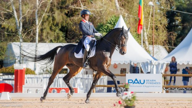 British rider Tom McEwen has gone into the lead with JL Dublin at the halfway point on the second day of Pau Horse Trials dressage