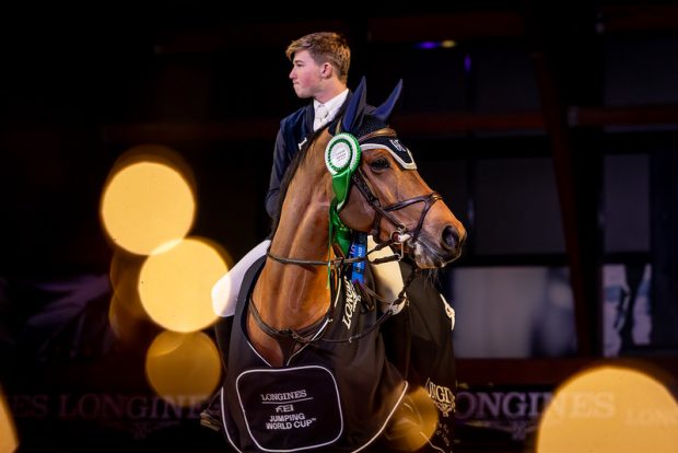 Harry Charles and Sherlock after winning the Longines FEI World Cup qualifier of La Coruna