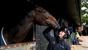 2A3TR6P Jockey Bryony Frost with Frodon at Manor Farm Stables, Ditcheat.