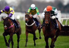 Jay Jay Reilly ridden by jockey Tristan Durrell on their way to winning the Coral Lanzarote Handicap Hurdle at Kempton Park, Sunbury-on-Thames.