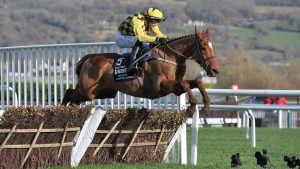 State Man and Paul Townend jumping the last in the 2023 Champion Hurdle at the Cheltenham Festival.